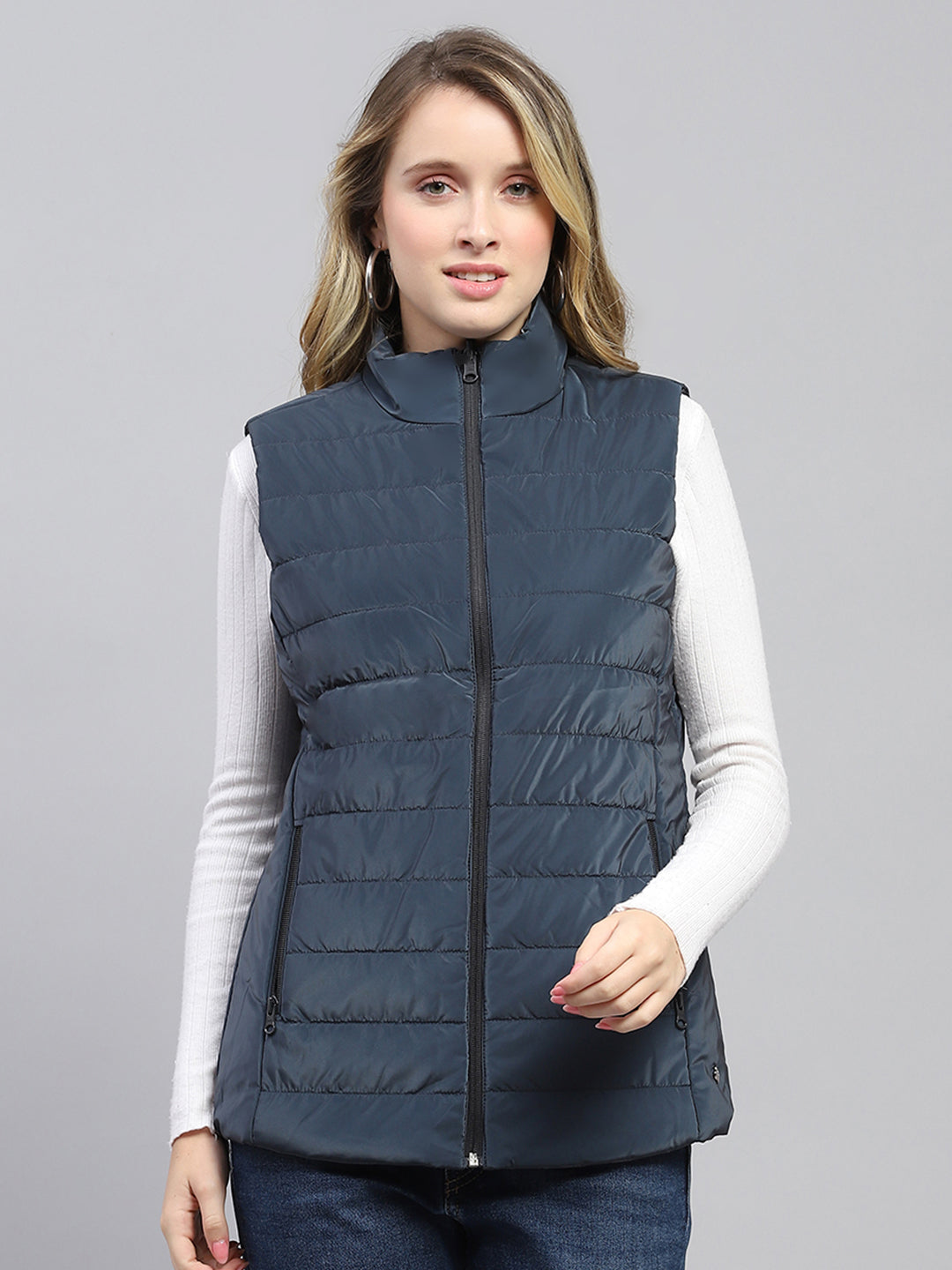 Women Navy Blue Solid Mock Neck Sleeveless Reversible Jacket