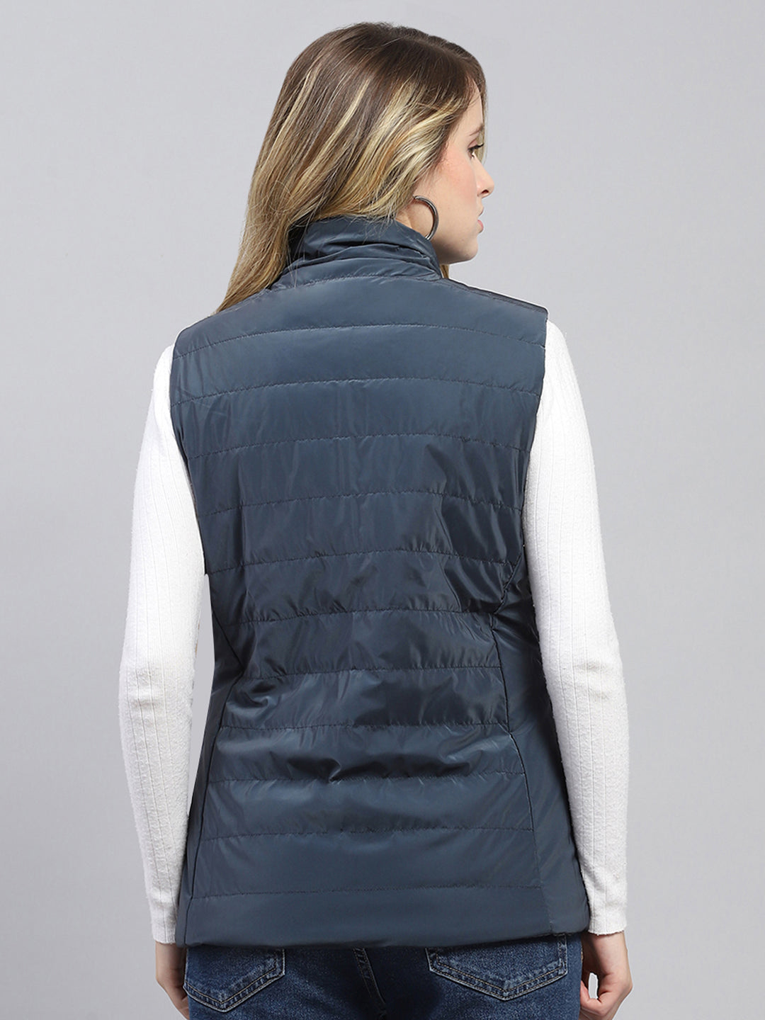 Women Navy Blue Solid Mock Neck Sleeveless Reversible Jacket