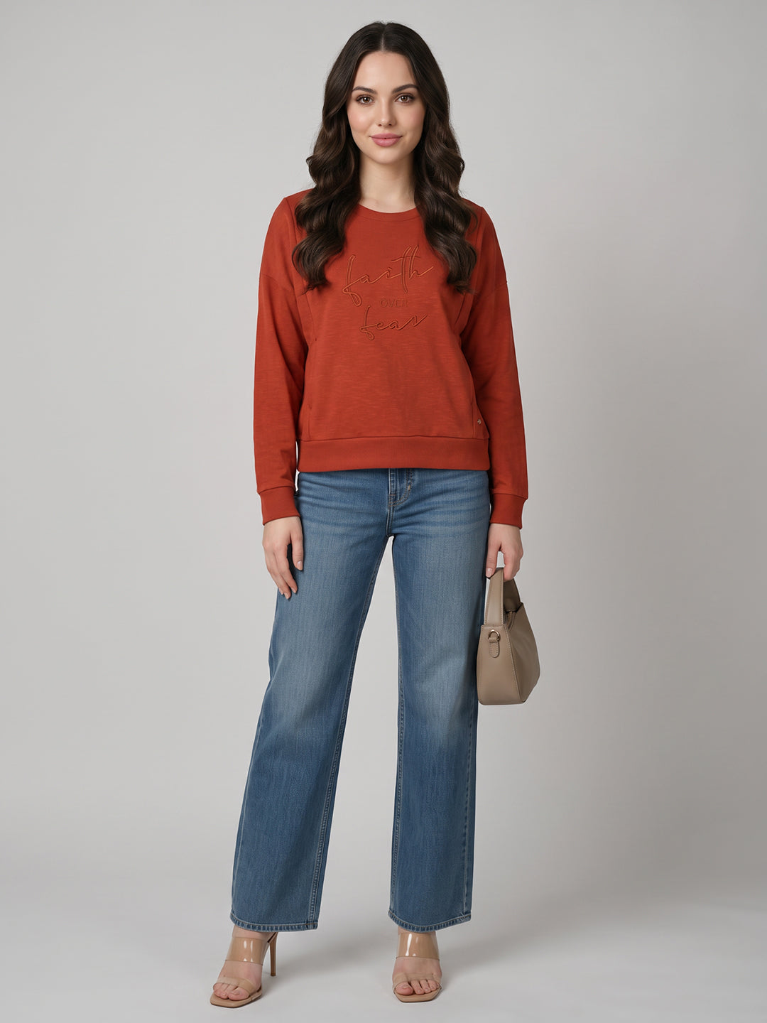 Women Rust Embroidered Round Neck Full Sleeve Sweatshirt