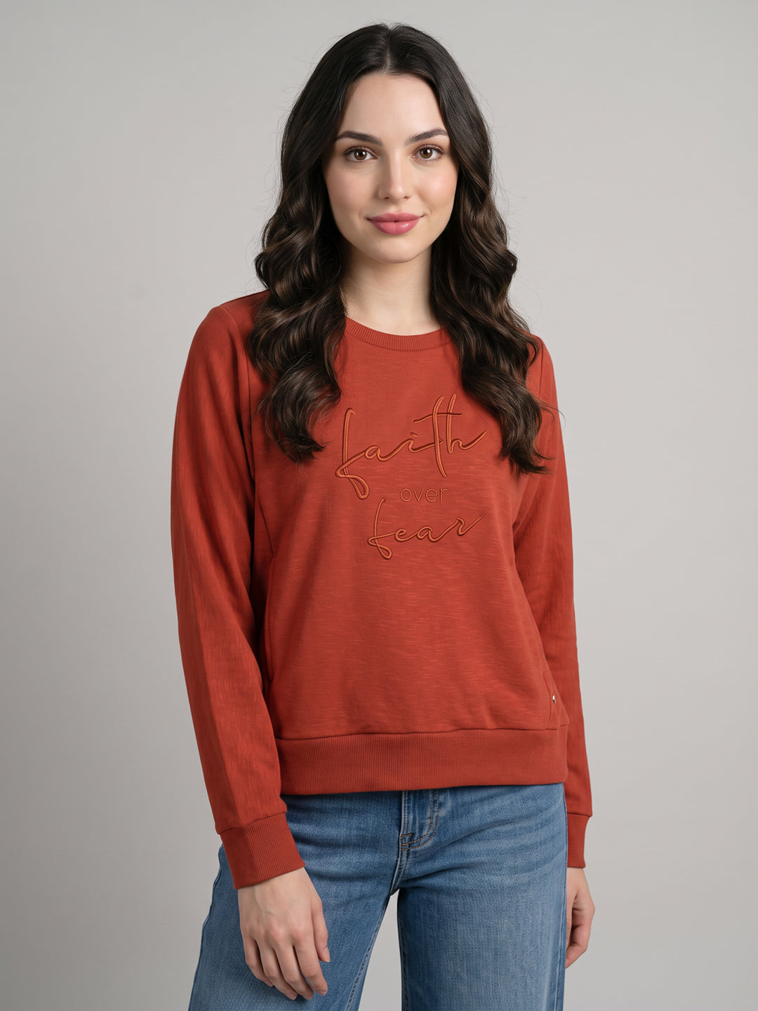 Women Rust Embroidered Round Neck Full Sleeve Sweatshirt