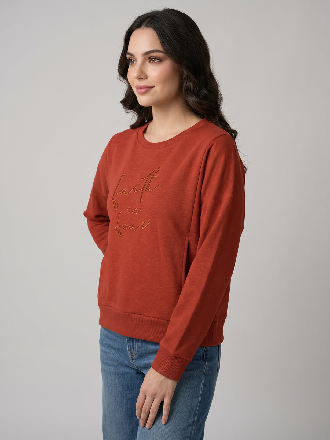 Women Rust Embroidered Round Neck Full Sleeve Sweatshirt