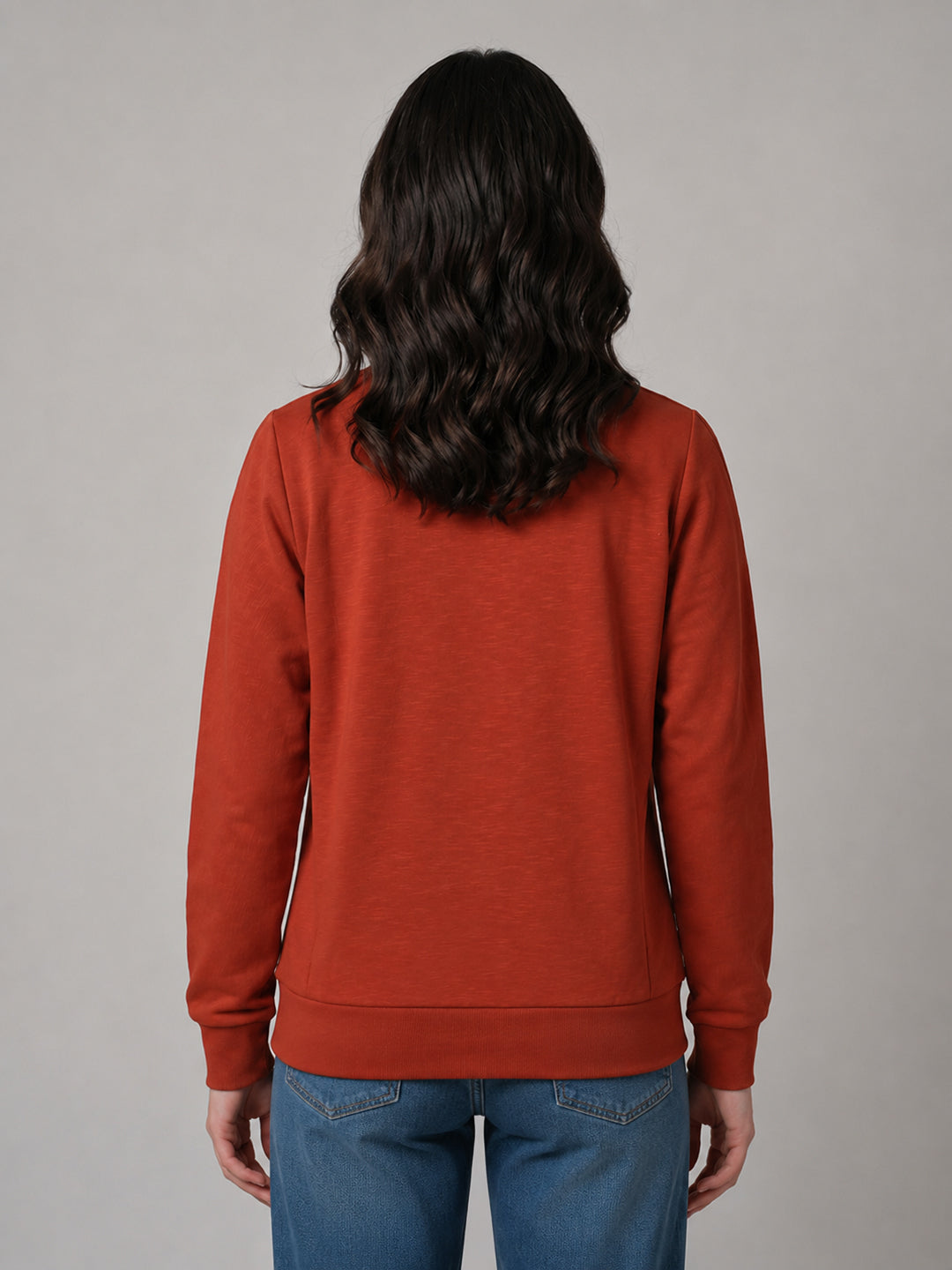 Women Rust Embroidered Round Neck Full Sleeve Sweatshirt