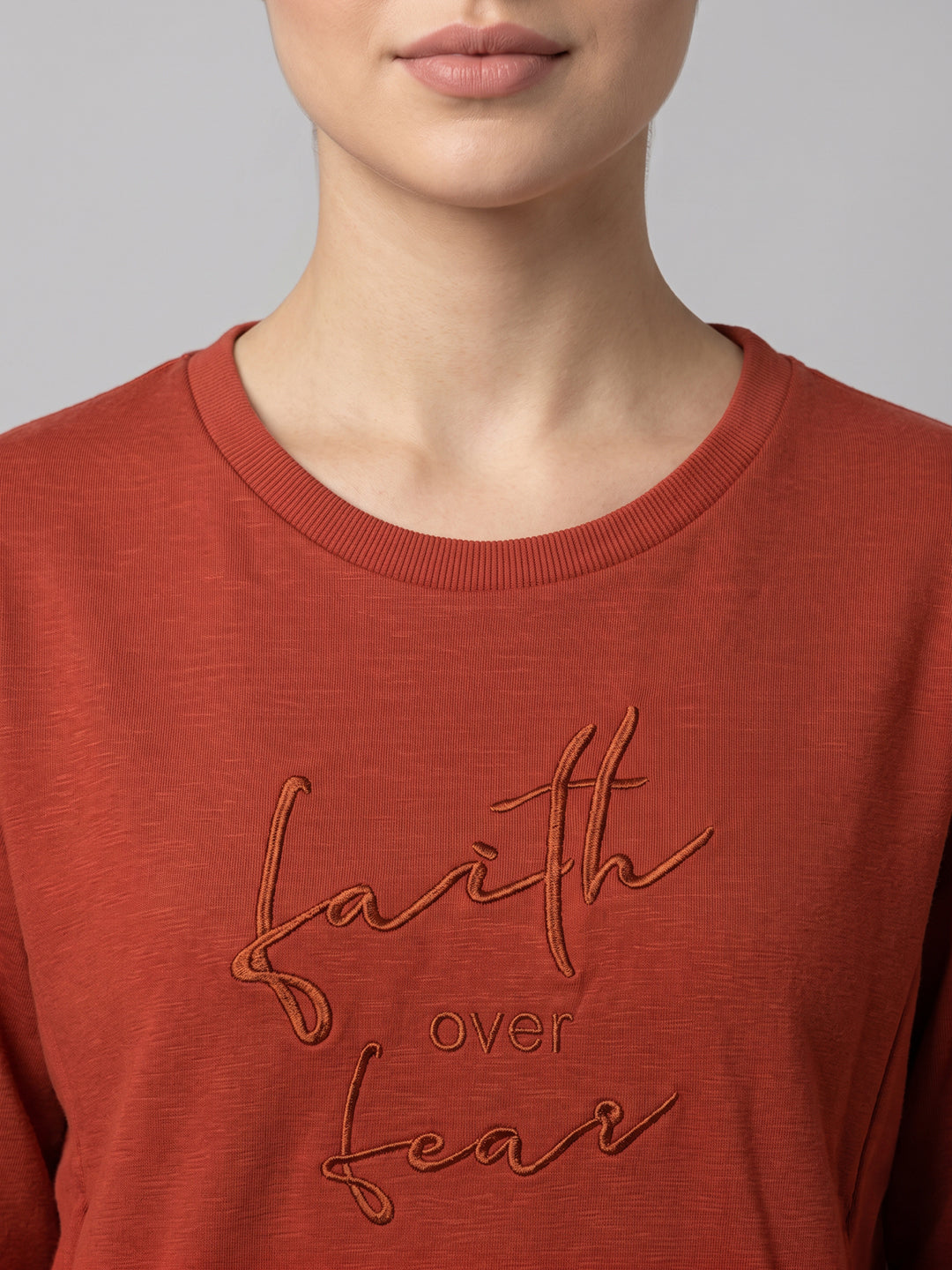 Women Rust Embroidered Round Neck Full Sleeve Sweatshirt