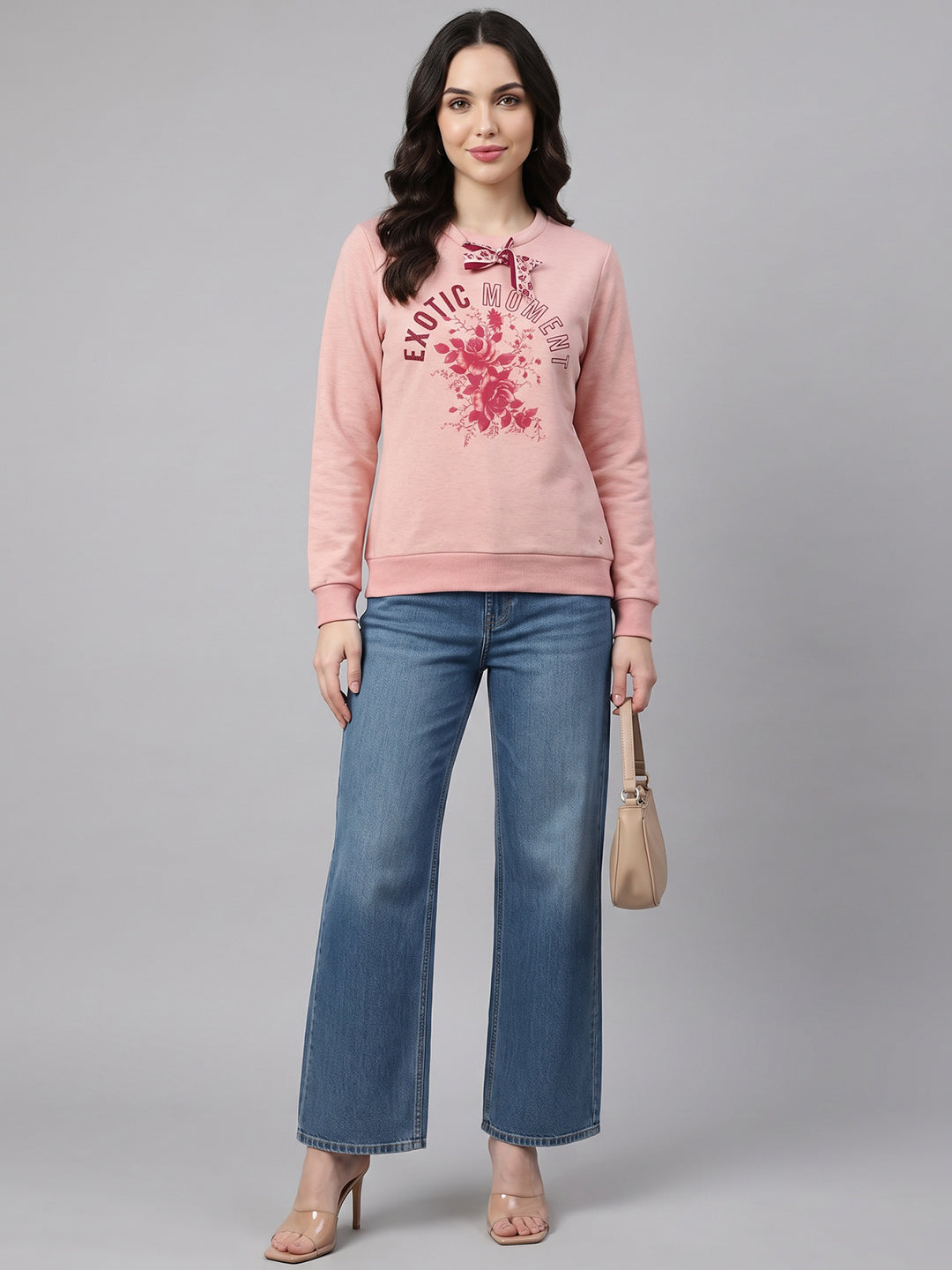 Women Peach Printed Round Neck Full Sleeve Sweatshirt