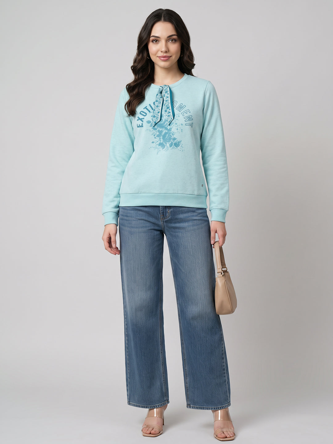 Women Blue Printed Round Neck Full Sleeve Sweatshirt