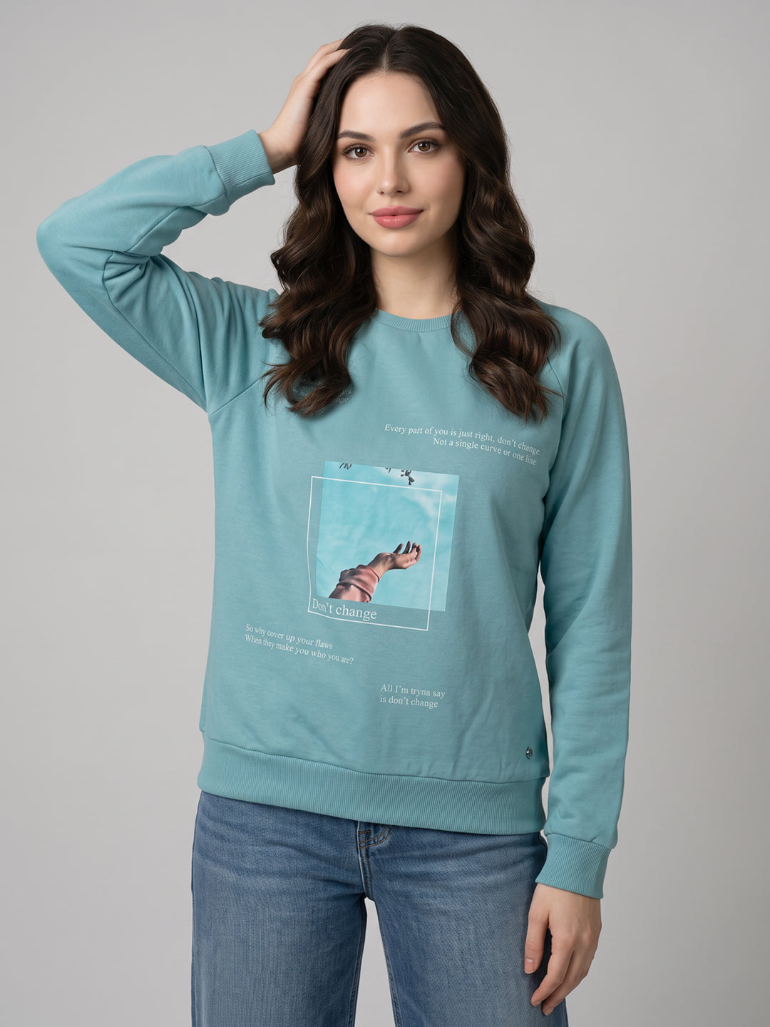 Women Blue Graphic Print Round Neck Full Sleeve Sweatshirt