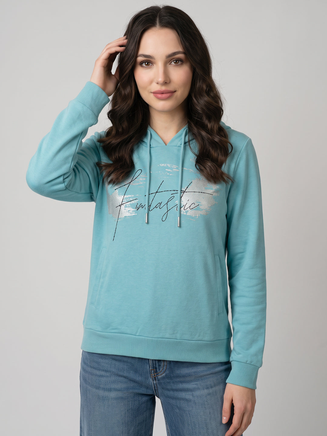 Women Blue Printed Hooded Full Sleeve Sweatshirt