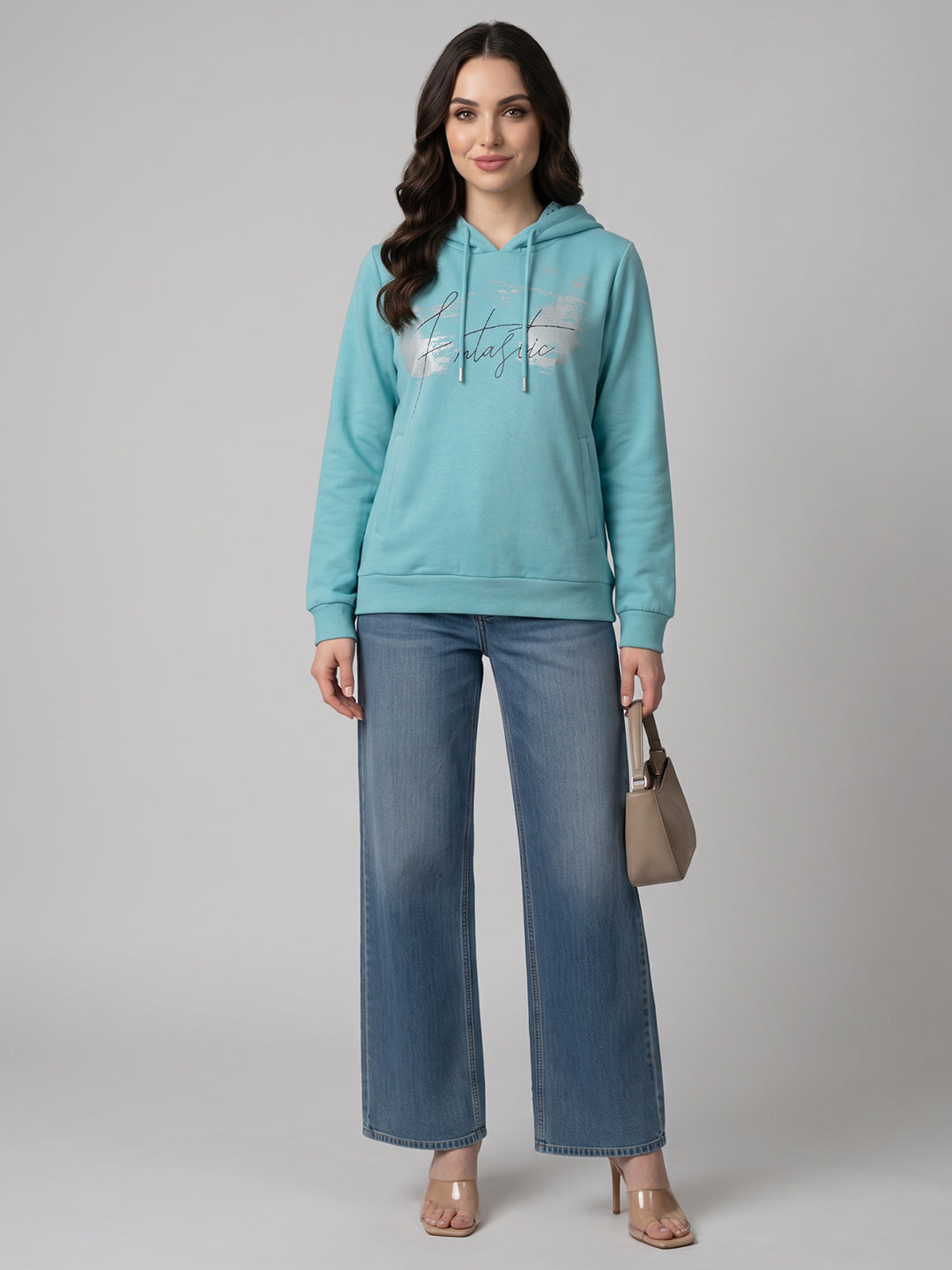Women Blue Printed Hooded Full Sleeve Sweatshirt