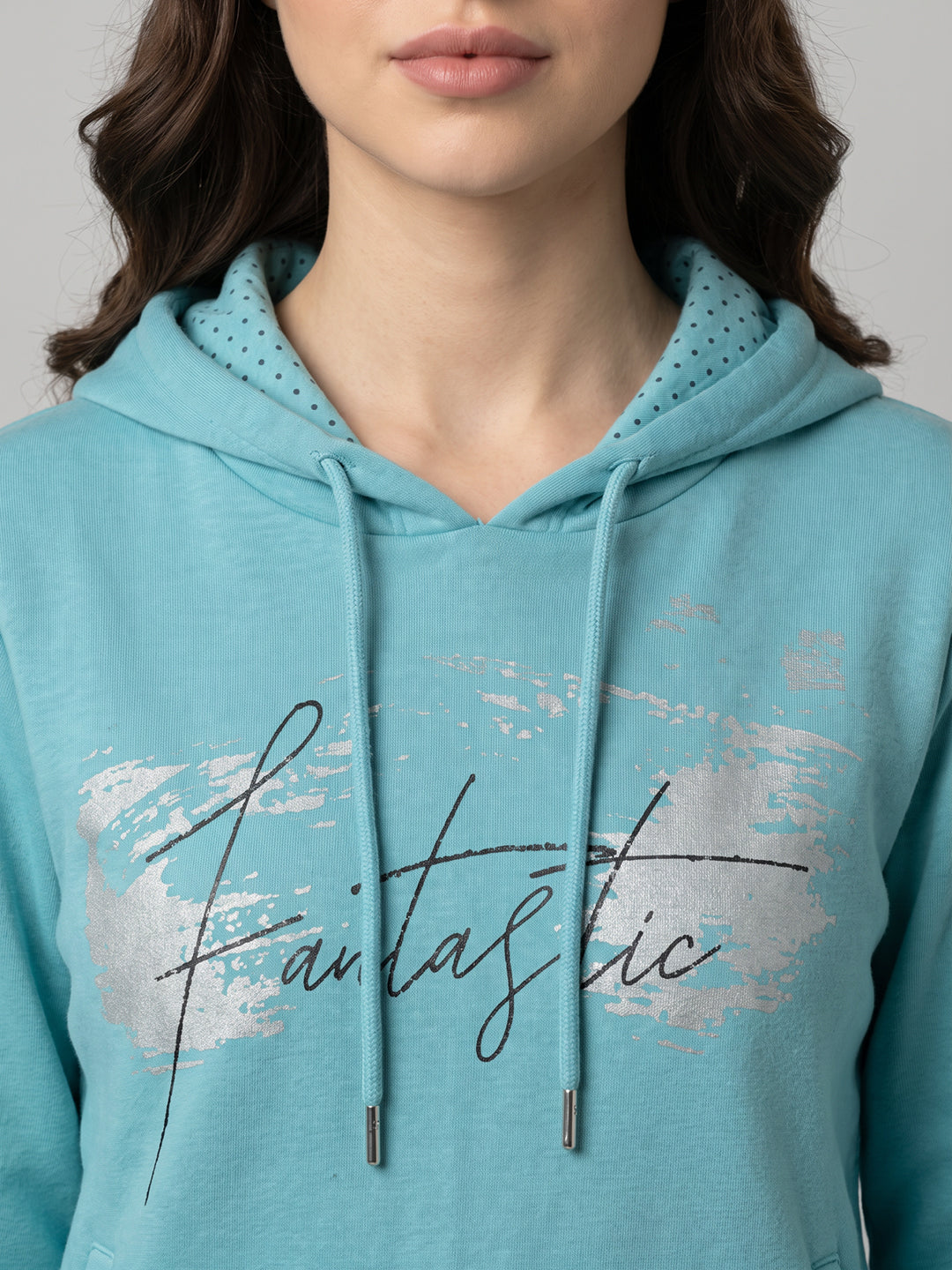 Women Blue Printed Hooded Full Sleeve Sweatshirt