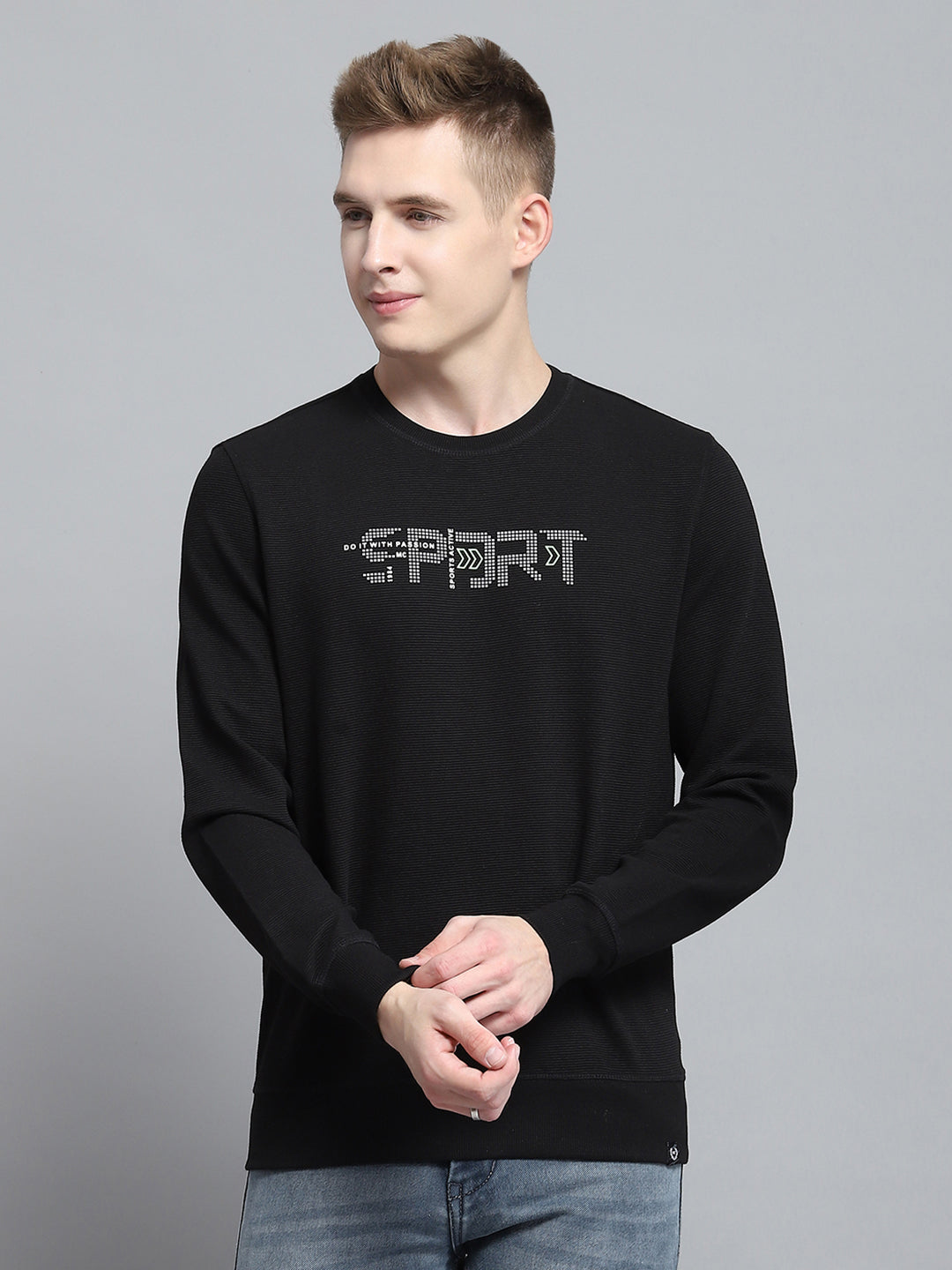 Men Black Printed Round Neck Full Sleeve Winter T-Shirt