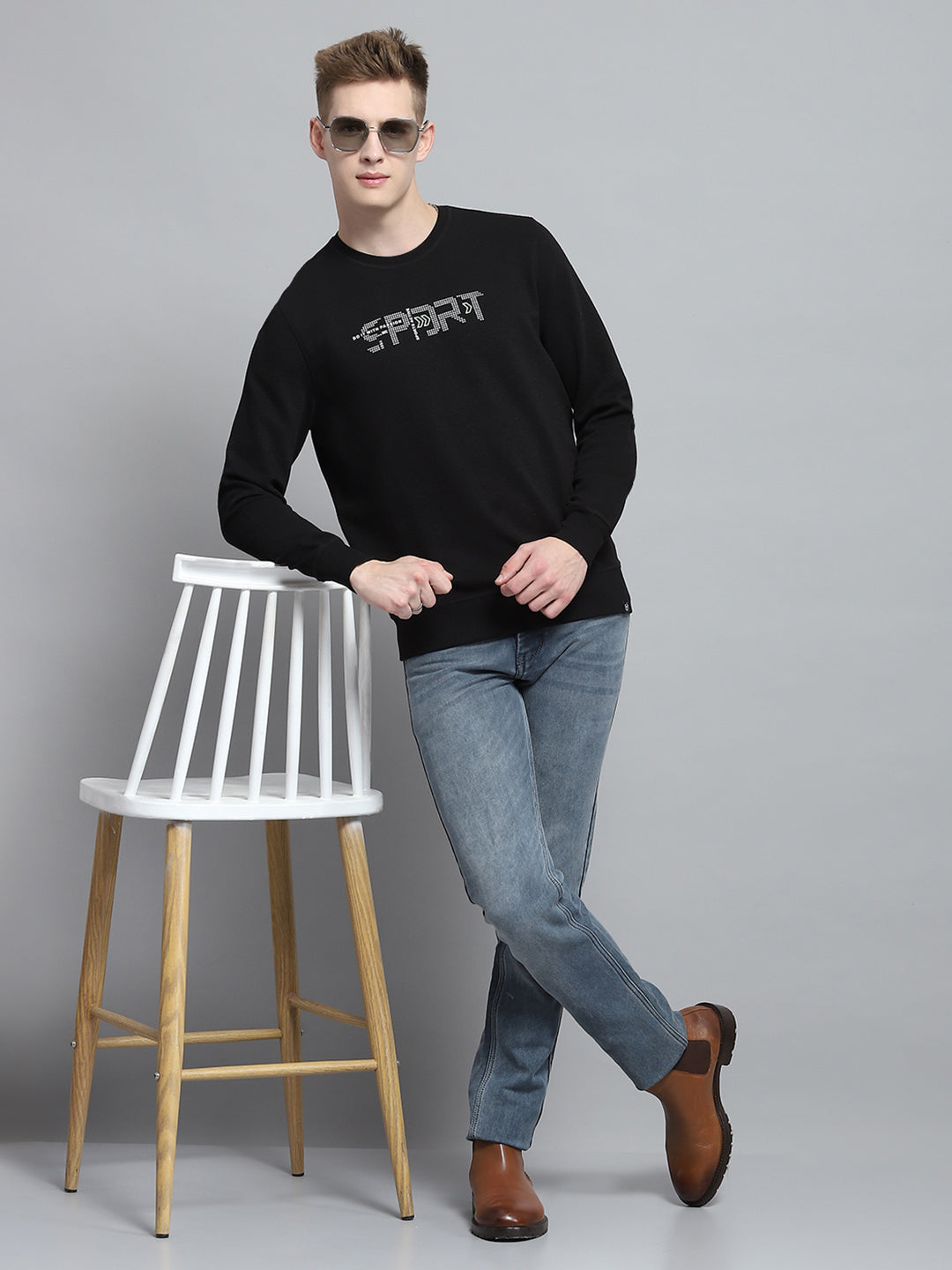 Men Black Printed Round Neck Full Sleeve Winter T-Shirt