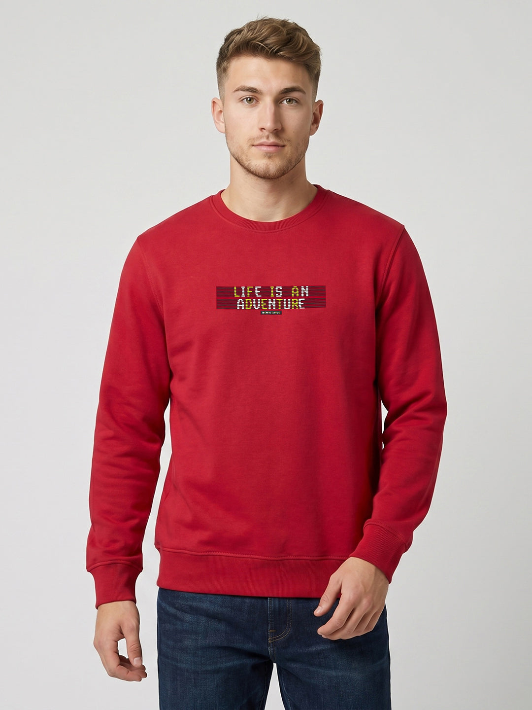 Men Blue Printed Round Neck Full Sleeve Sweatshirt
