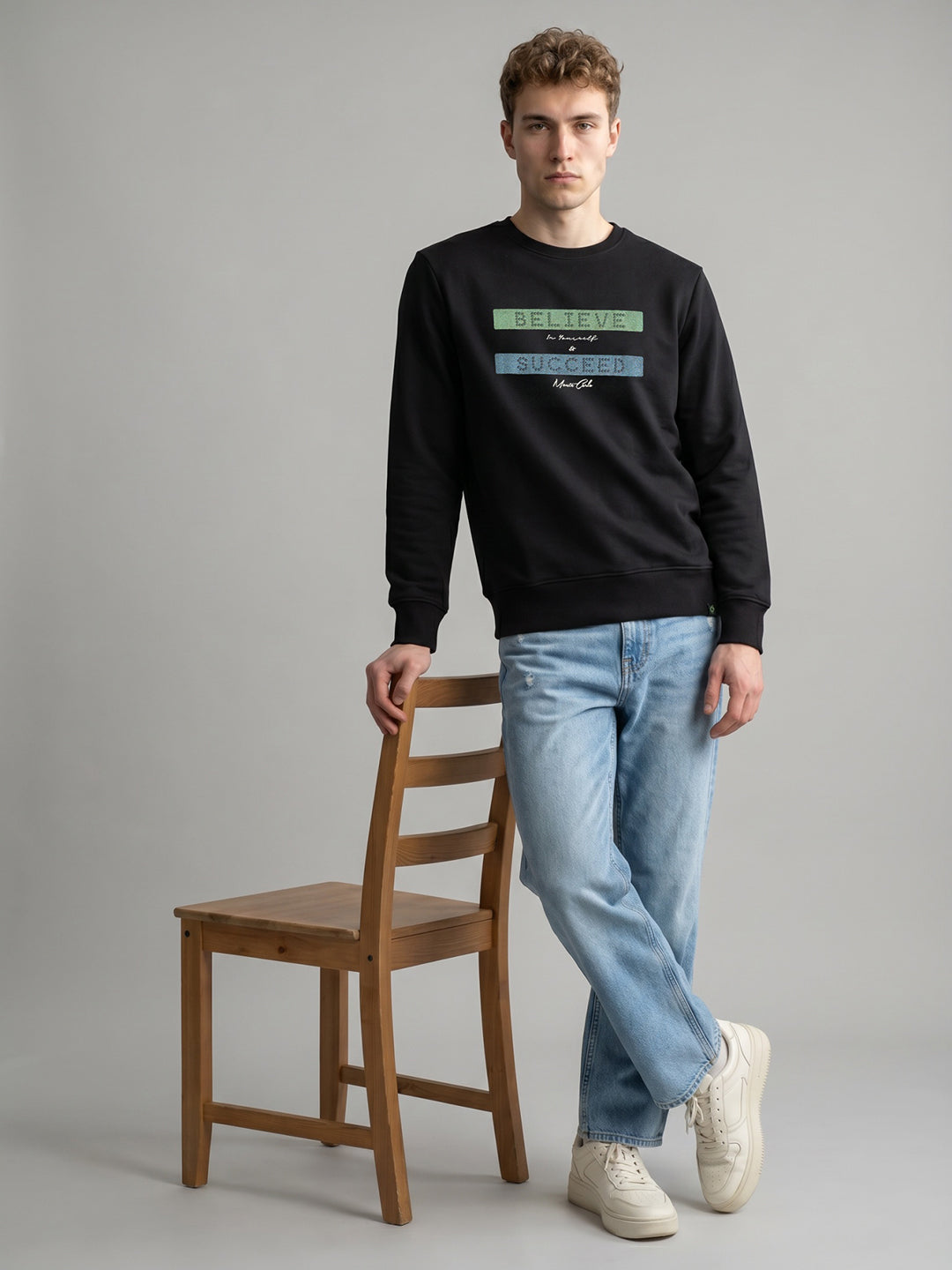 Men Black Printed Round Neck Full Sleeve Sweatshirt