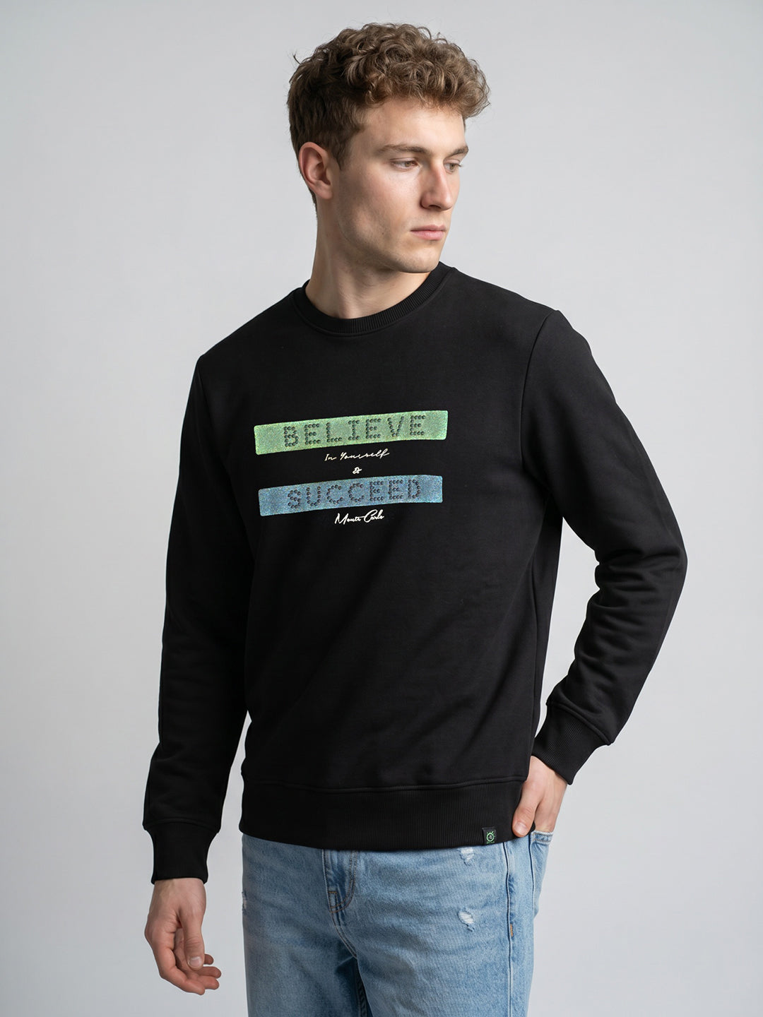 Men Black Printed Round Neck Full Sleeve Sweatshirt