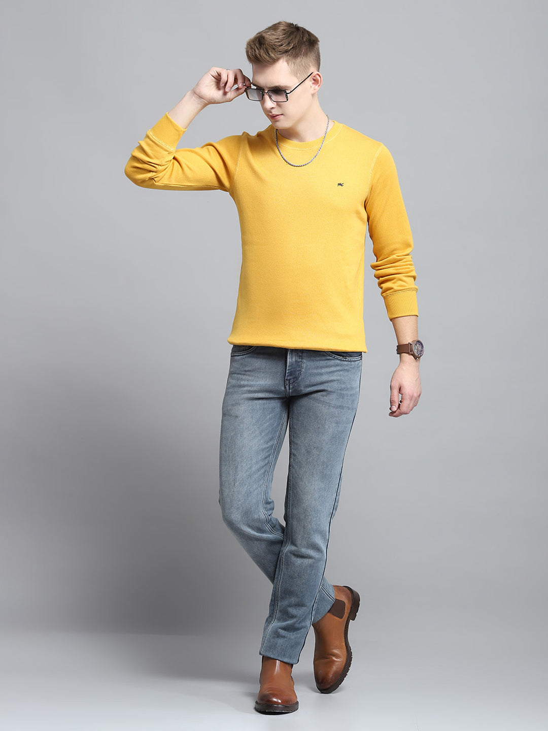 Men Yellow Solid Round Neck Full Sleeve Winter T-Shirt