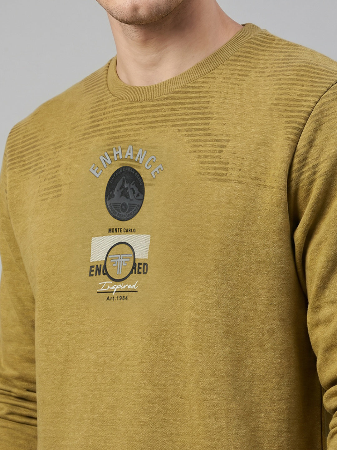 Men Mustard Printed Round Neck Full Sleeve Sweatshirt