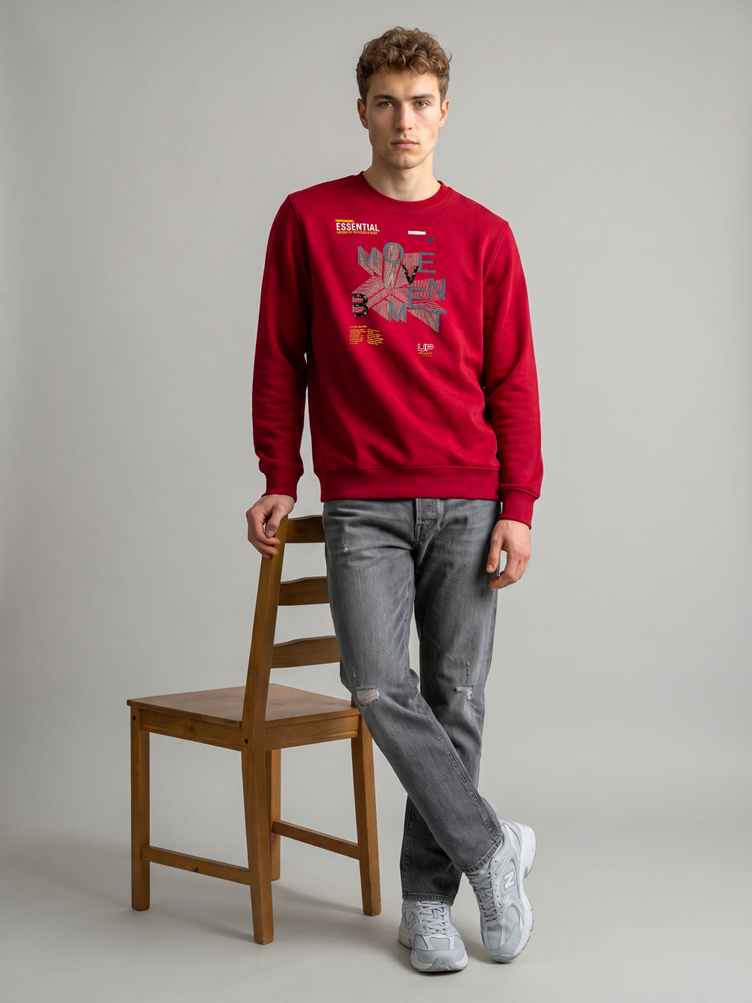 Men Red Printed Round Neck Full Sleeve Sweatshirt