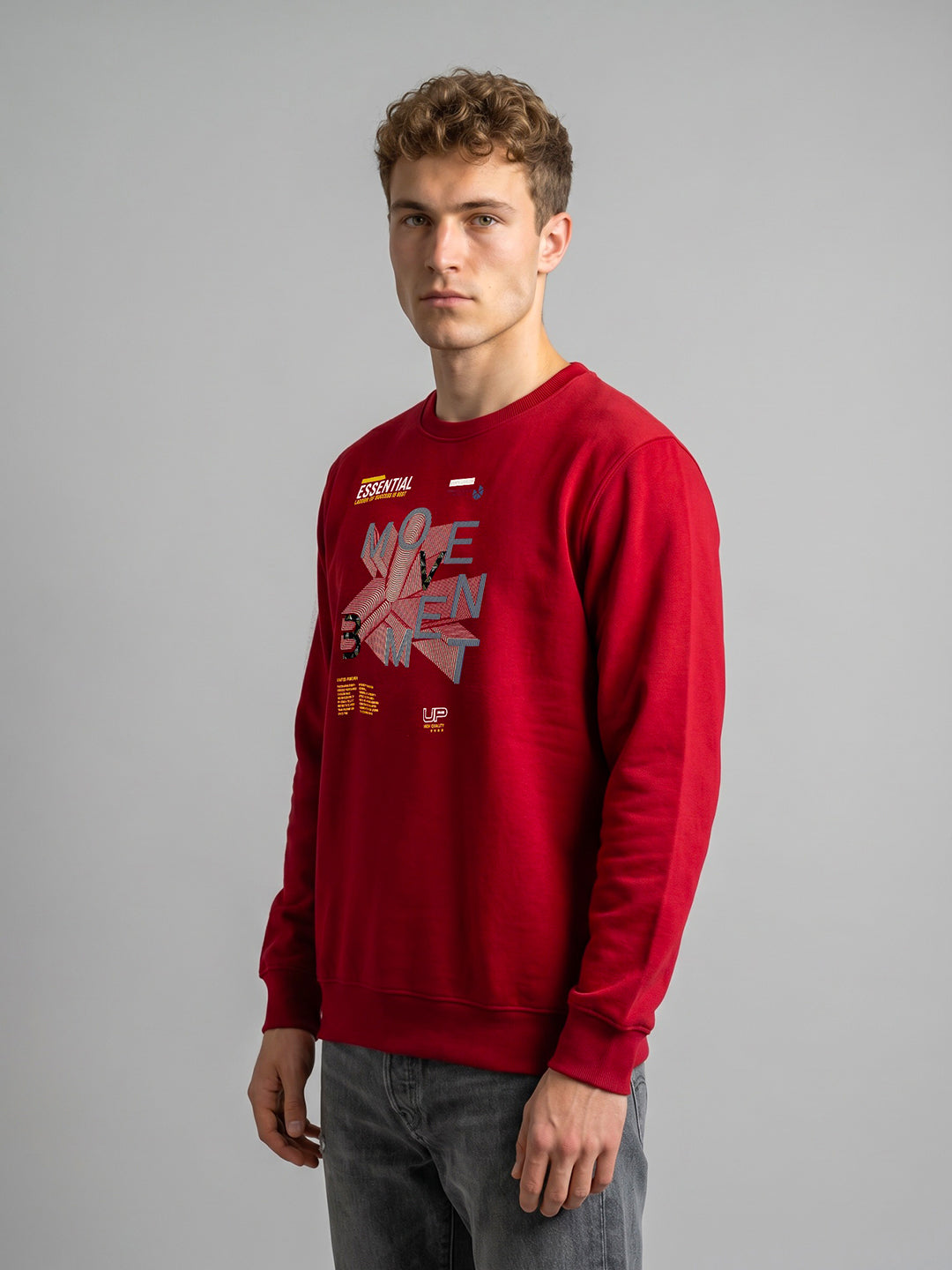 Men Red Printed Round Neck Full Sleeve Sweatshirt