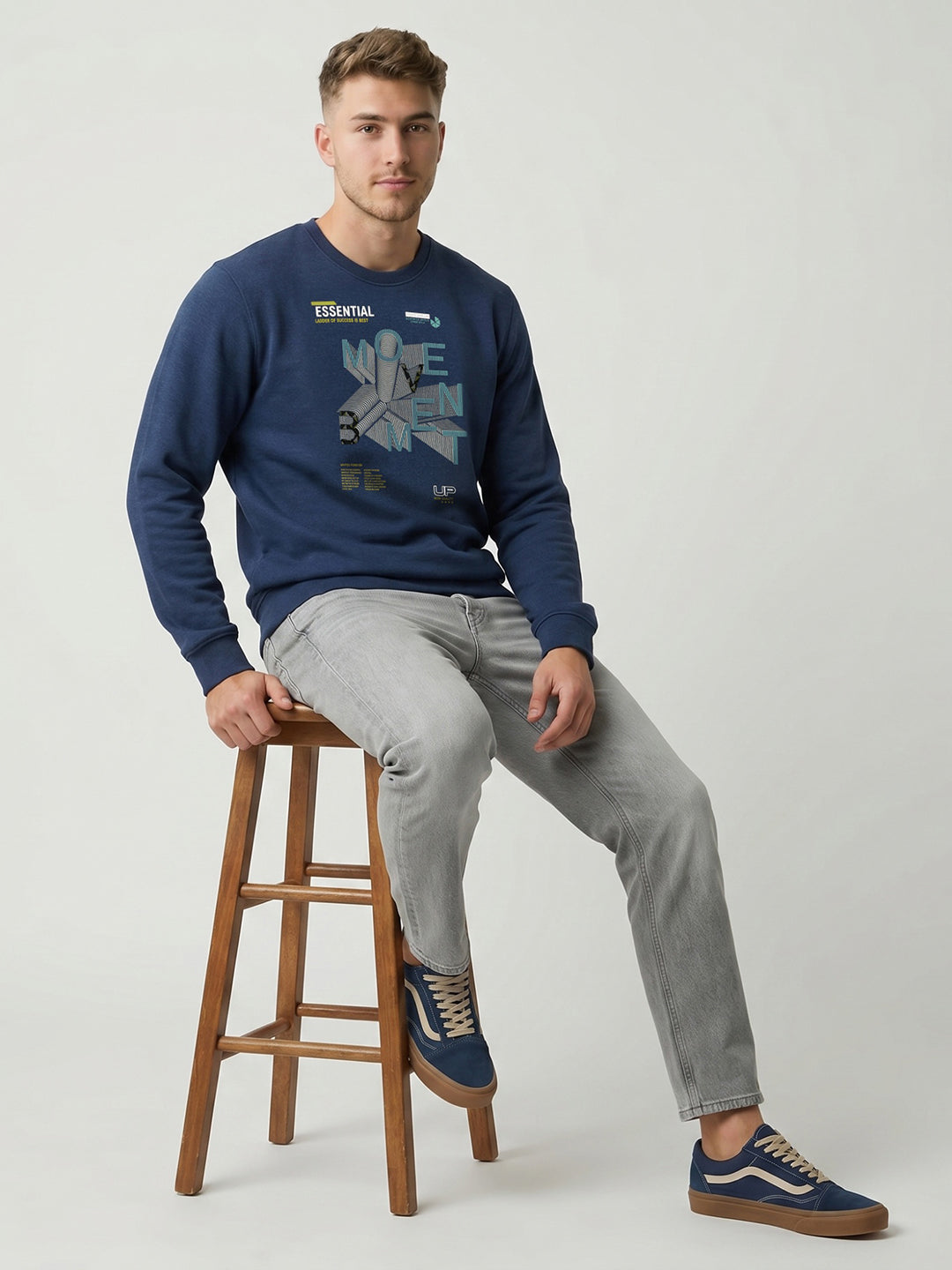 Men Blue Printed Round Neck Full Sleeve Sweatshirt