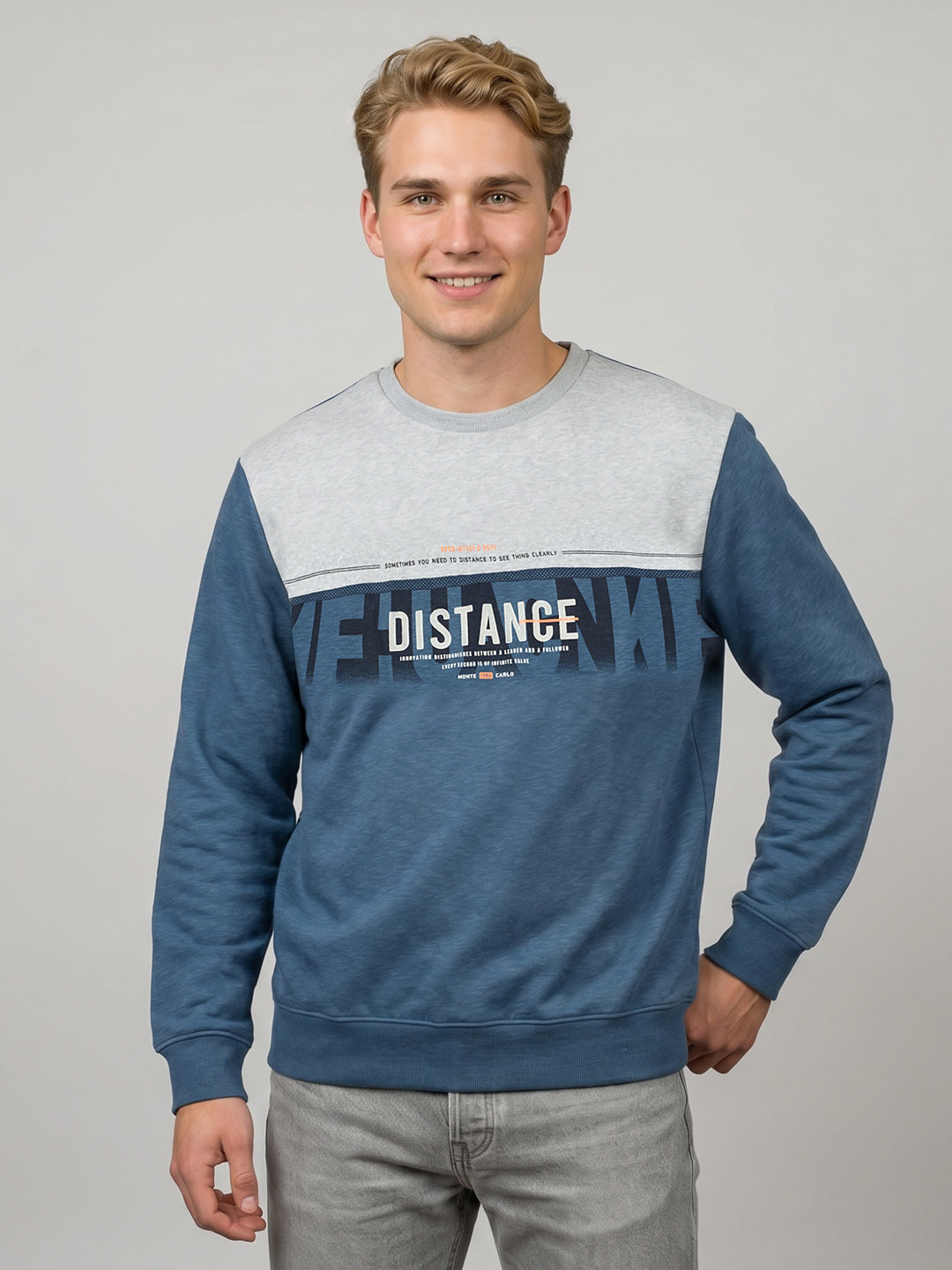 Men Blue Printed Round Neck Full Sleeve Sweatshirt