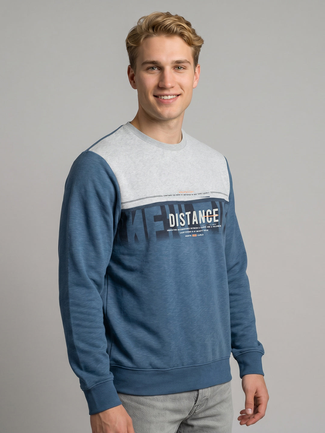 Men Blue Printed Round Neck Full Sleeve Sweatshirt