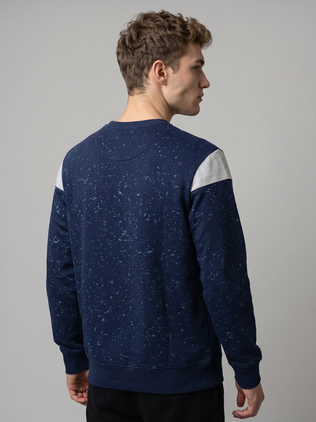 Men Blue Printed Round Neck Full Sleeve Sweatshirt