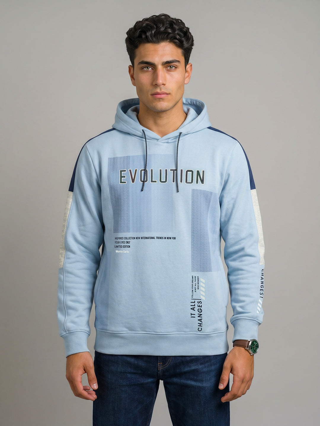 Men Sky Blue Printed Hooded Full Sleeve Sweatshirt