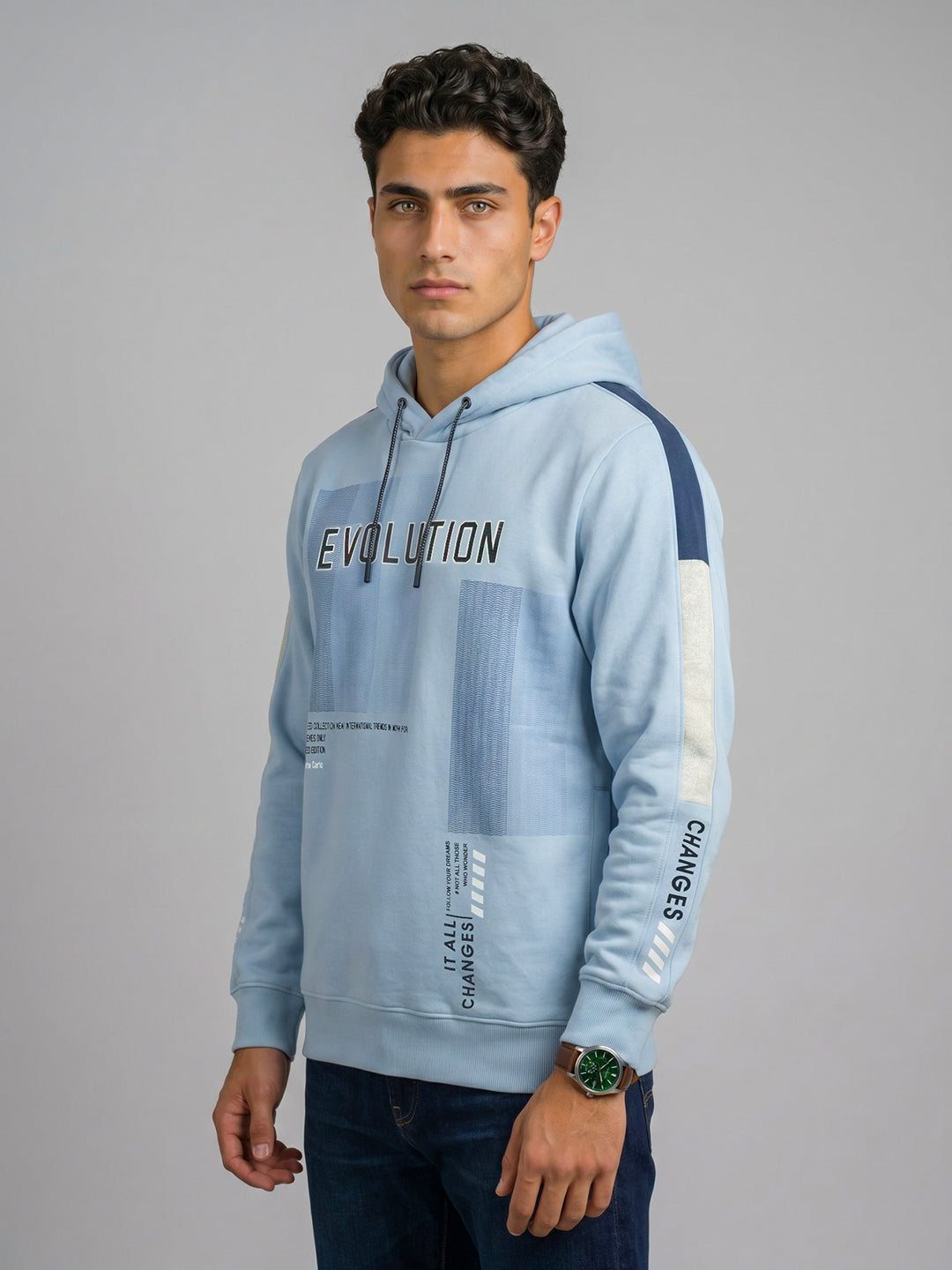 Men Sky Blue Printed Hooded Full Sleeve Sweatshirt