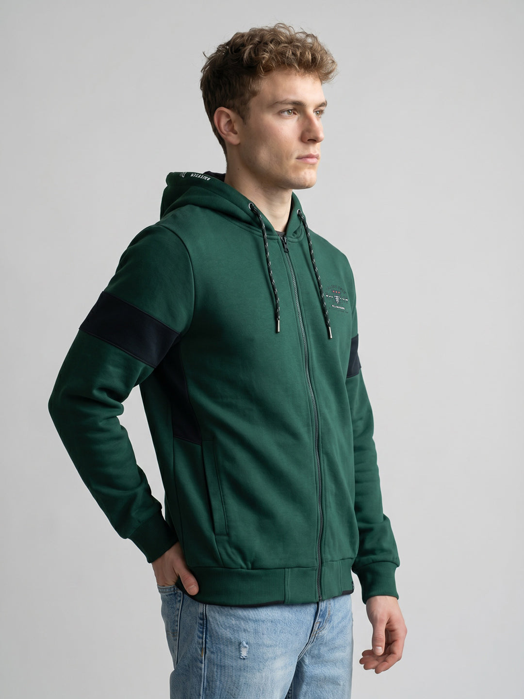 Men Bottle Green Solid Hooded Full Sleeve Sweatshirt