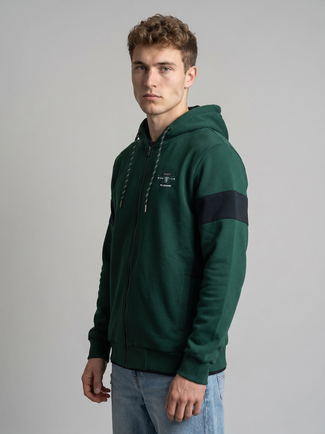 Men Bottle Green Solid Hooded Full Sleeve Sweatshirt