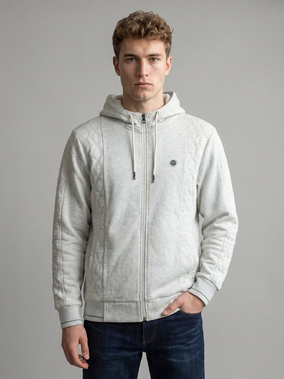 Men Off White Solid Hooded Full Sleeve Sweatshirt