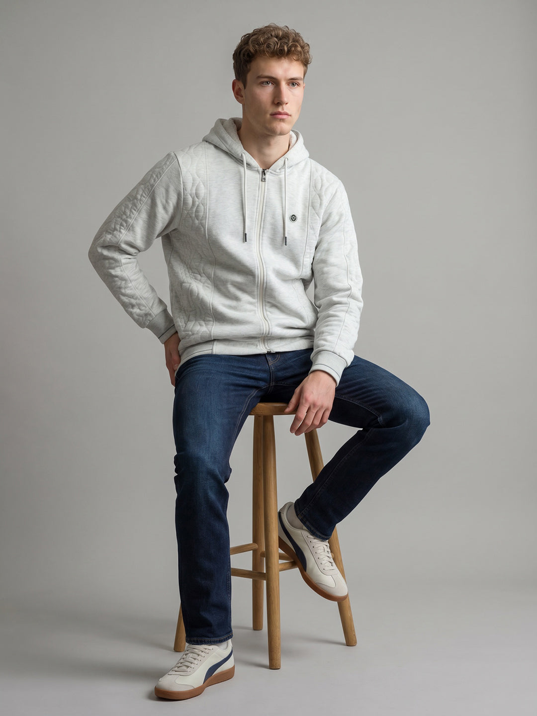Men Off White Solid Hooded Full Sleeve Sweatshirt