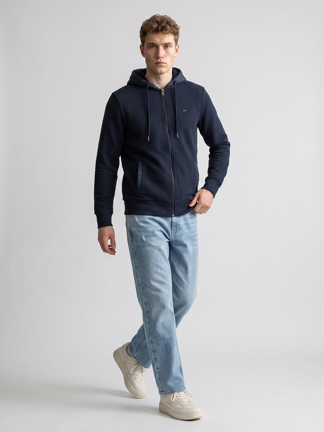 Men Navy Blue Corduroy Hooded Full Sleeve Sweatshirt