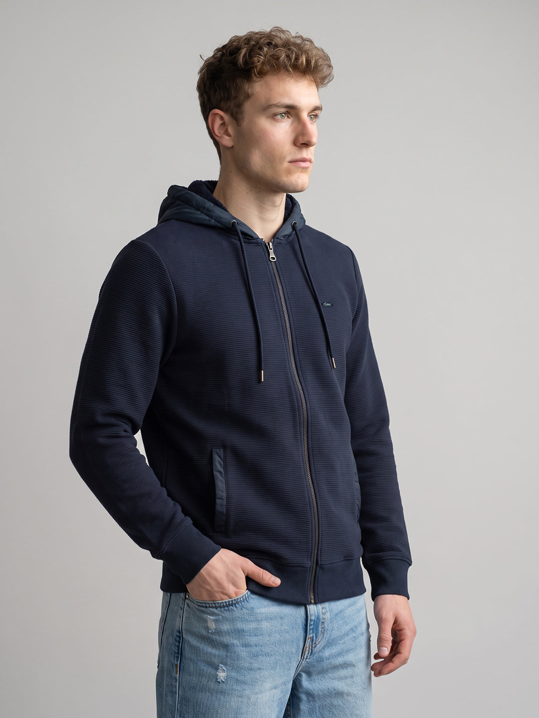 Men Navy Blue Corduroy Hooded Full Sleeve Sweatshirt