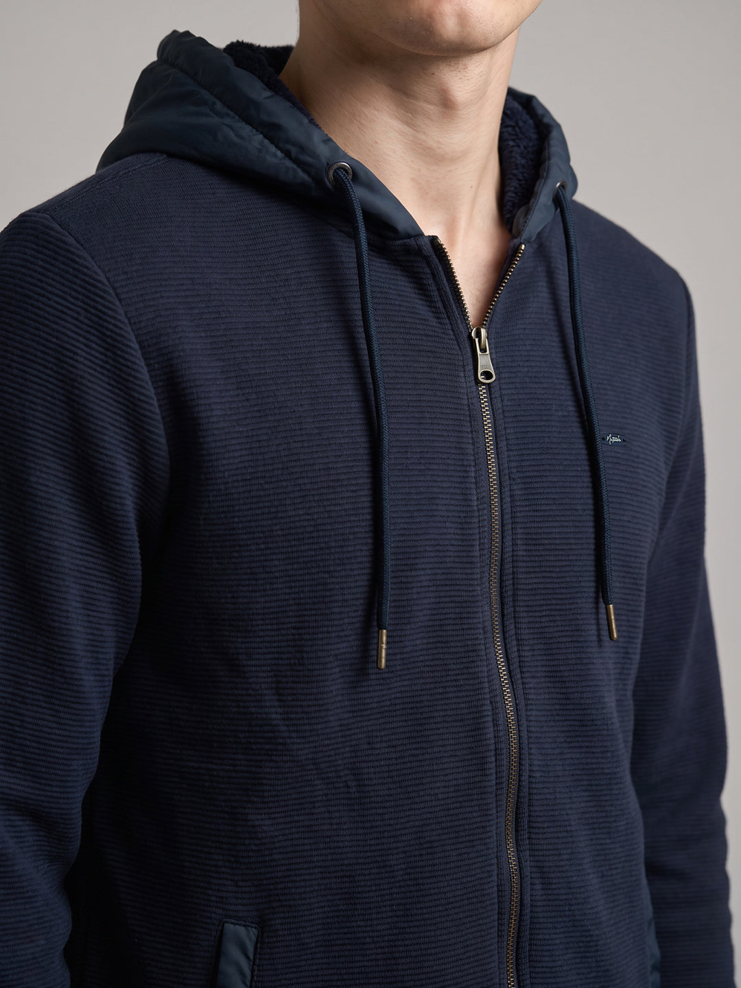 Men Navy Blue Corduroy Hooded Full Sleeve Sweatshirt