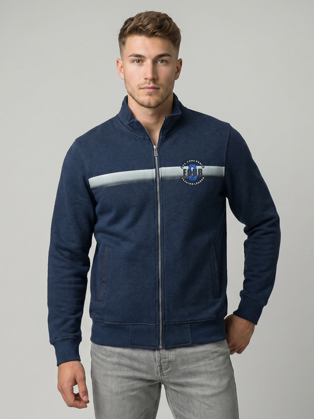 Men Blue Melange Solid Collar Full Sleeve Sweatshirt