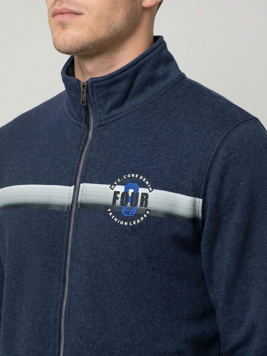 Men Blue Melange Solid Collar Full Sleeve Sweatshirt