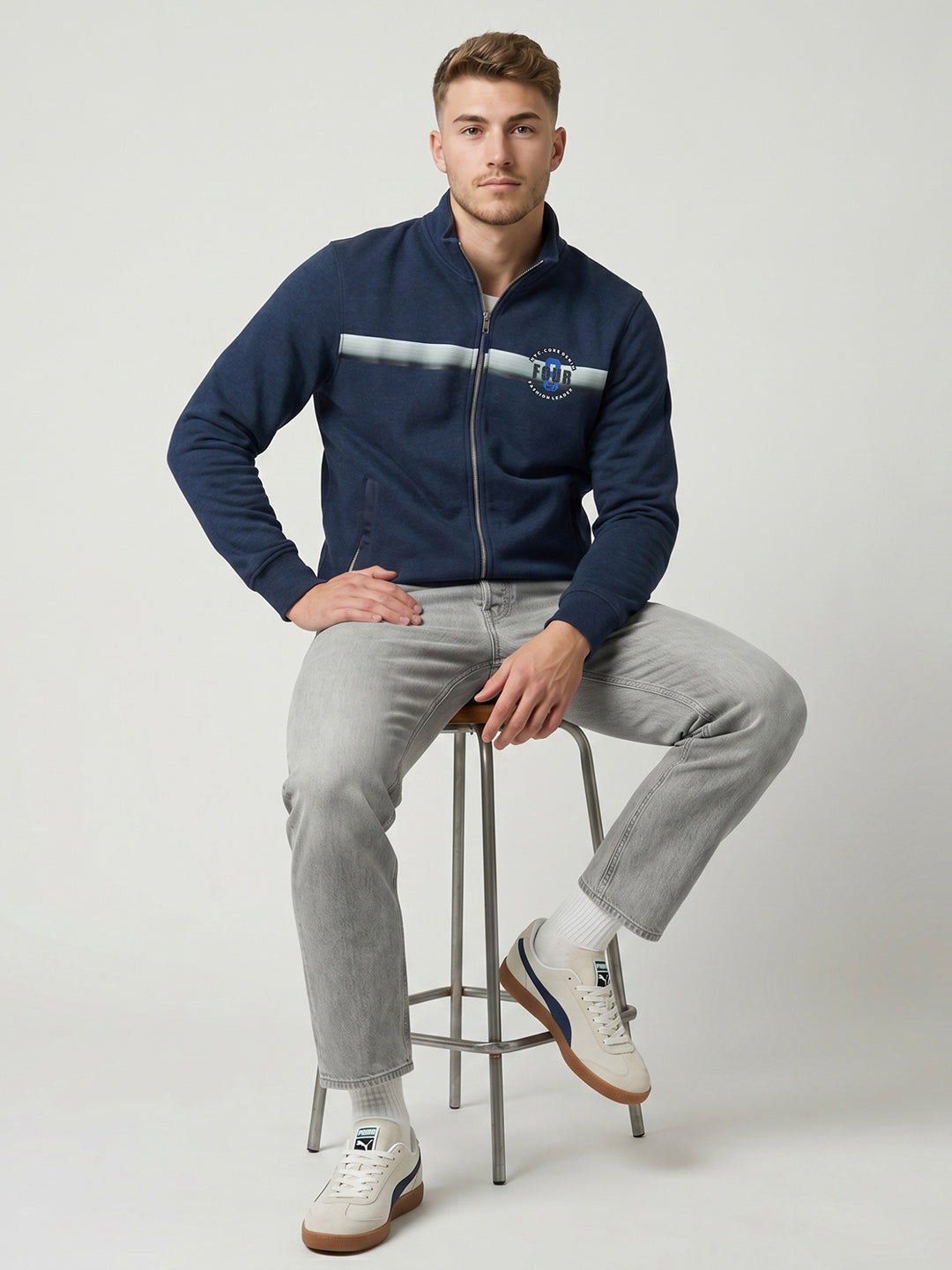 Men Blue Melange Solid Collar Full Sleeve Sweatshirt