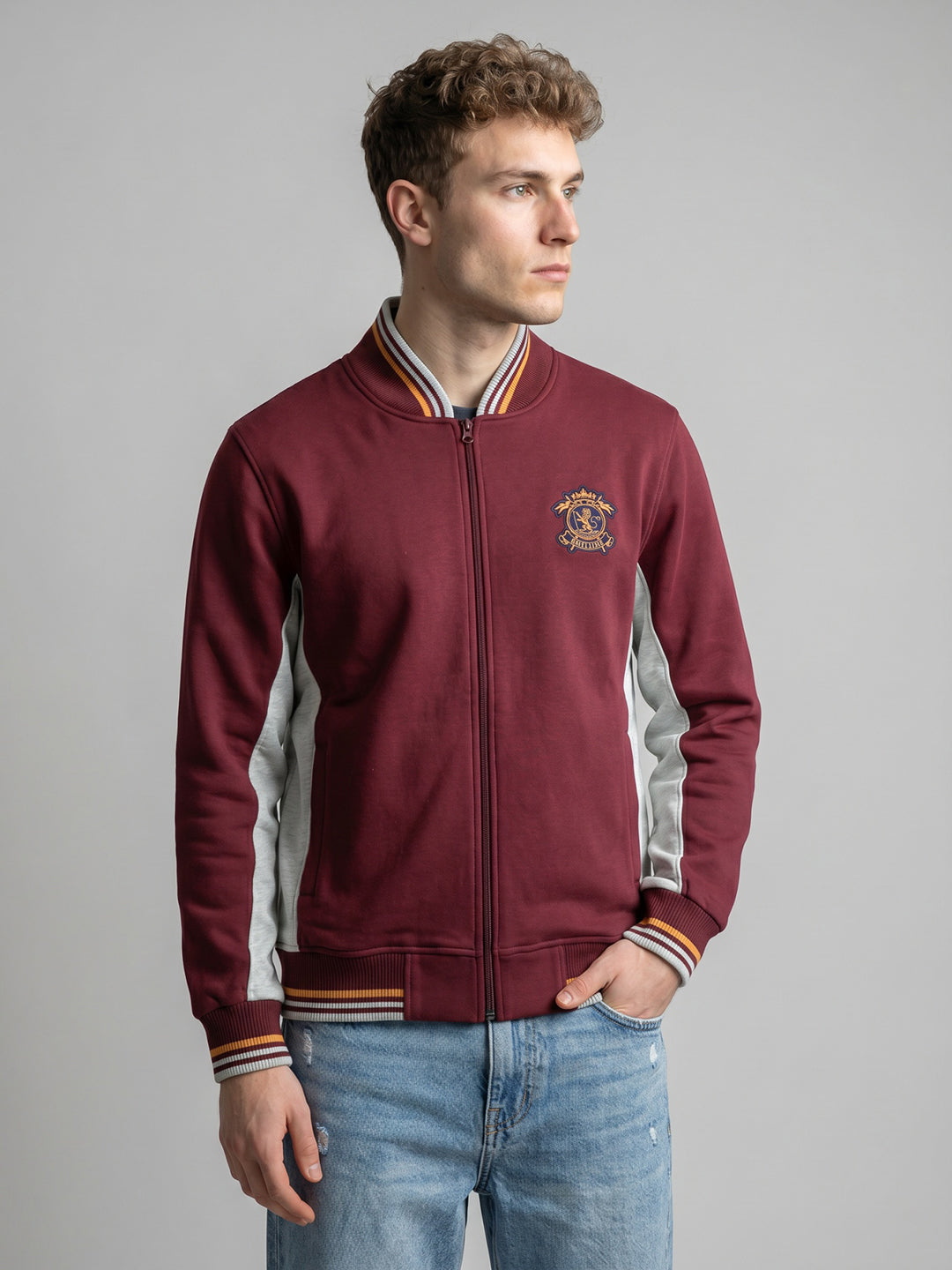 Men Maroon Solid Mock Neck Full Sleeve Sweatshirt