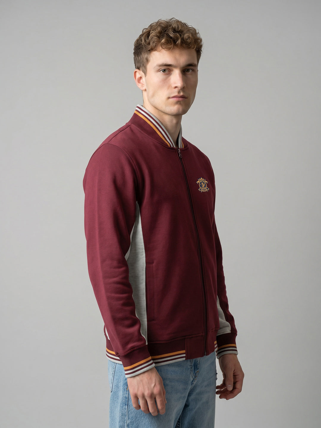 Men Maroon Solid Mock Neck Full Sleeve Sweatshirt