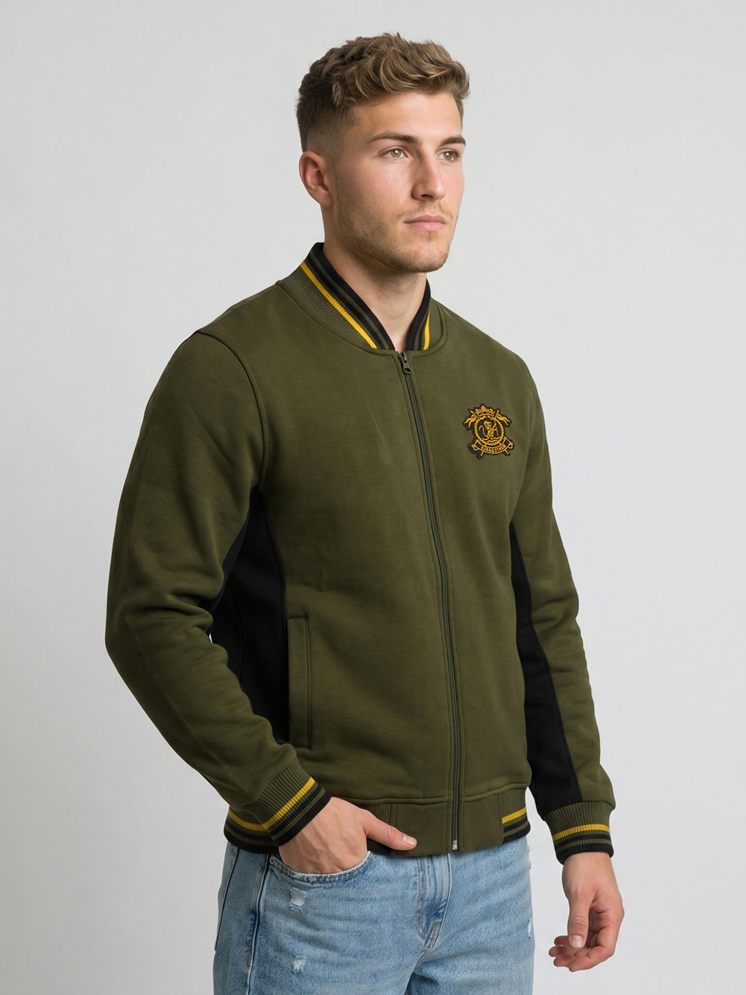 Men Olive Solid Mock Neck Full Sleeve Sweatshirt