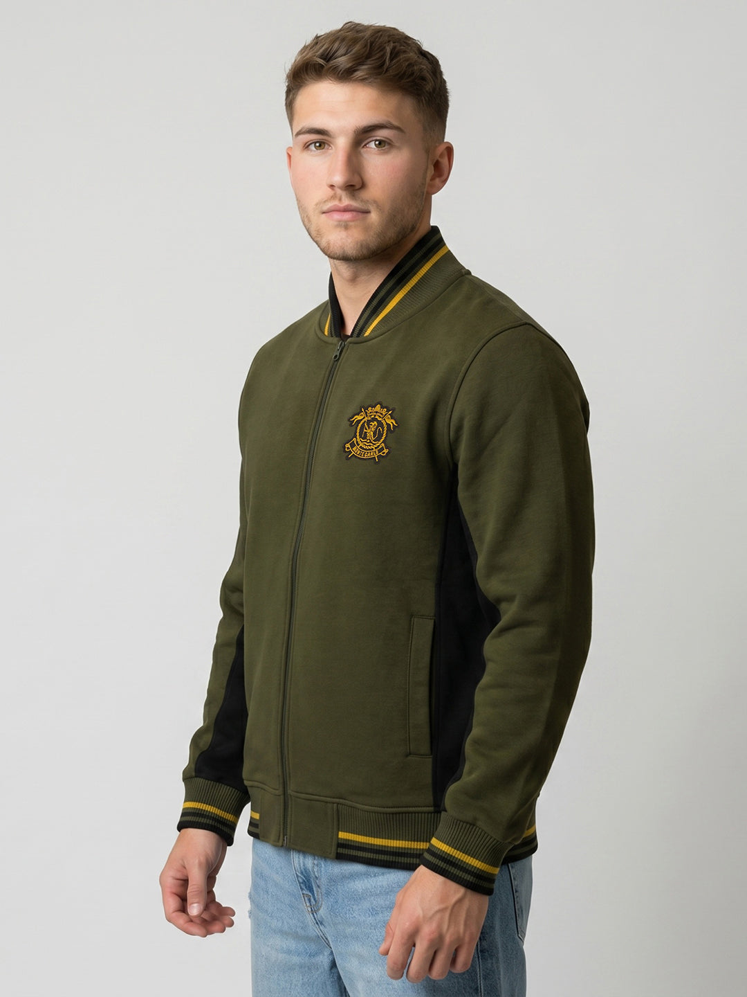 Men Olive Solid Mock Neck Full Sleeve Sweatshirt