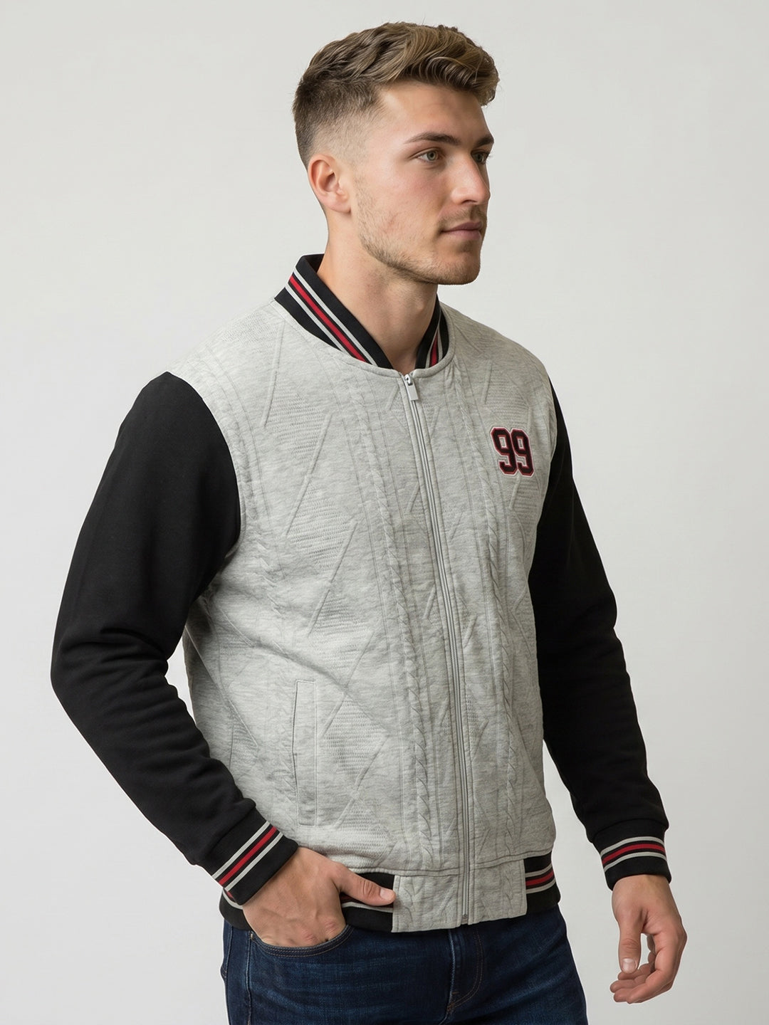 Men Grey Jacquard Mandarin Collar Full Sleeve Varsity Sweatshirt
