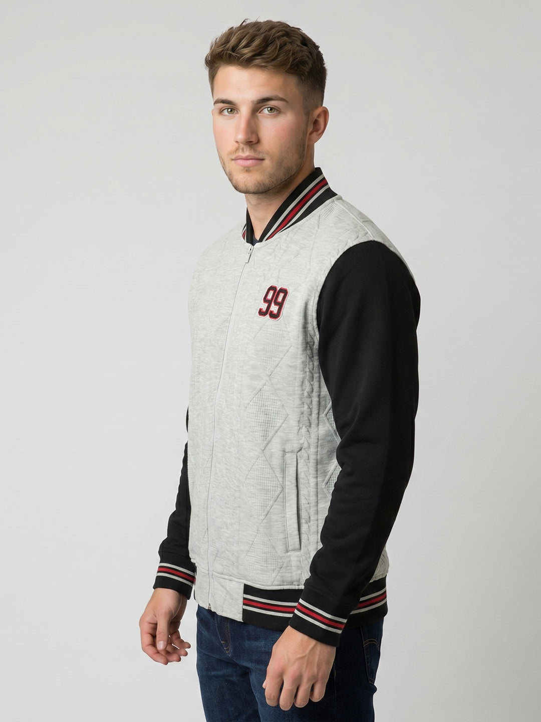 Men Grey Jacquard Mandarin Collar Full Sleeve Varsity Sweatshirt