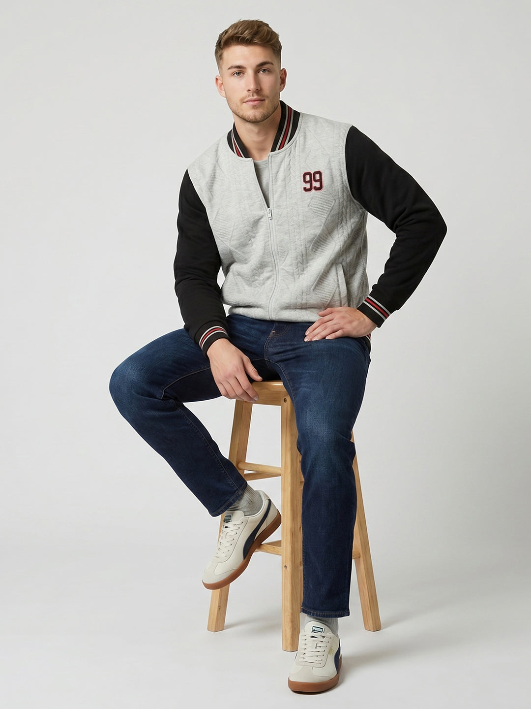 Men Grey Jacquard Mandarin Collar Full Sleeve Varsity Sweatshirt