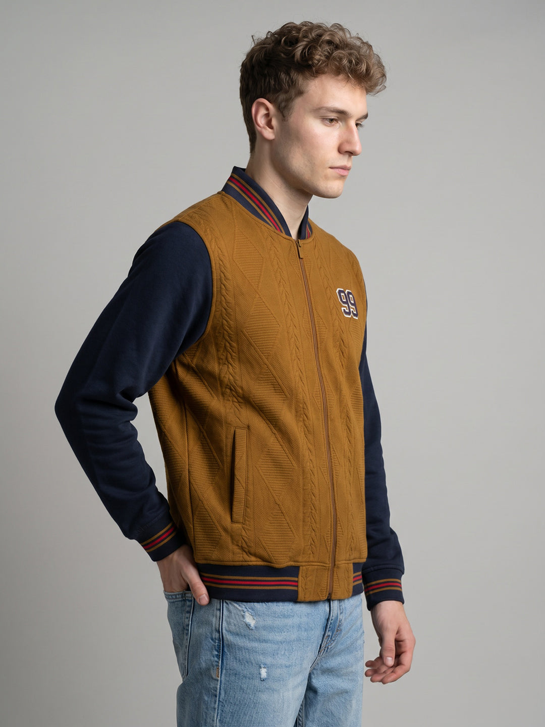 Men Tan Jacquard Mandarin Collar Full Sleeve Varsity Sweatshirt