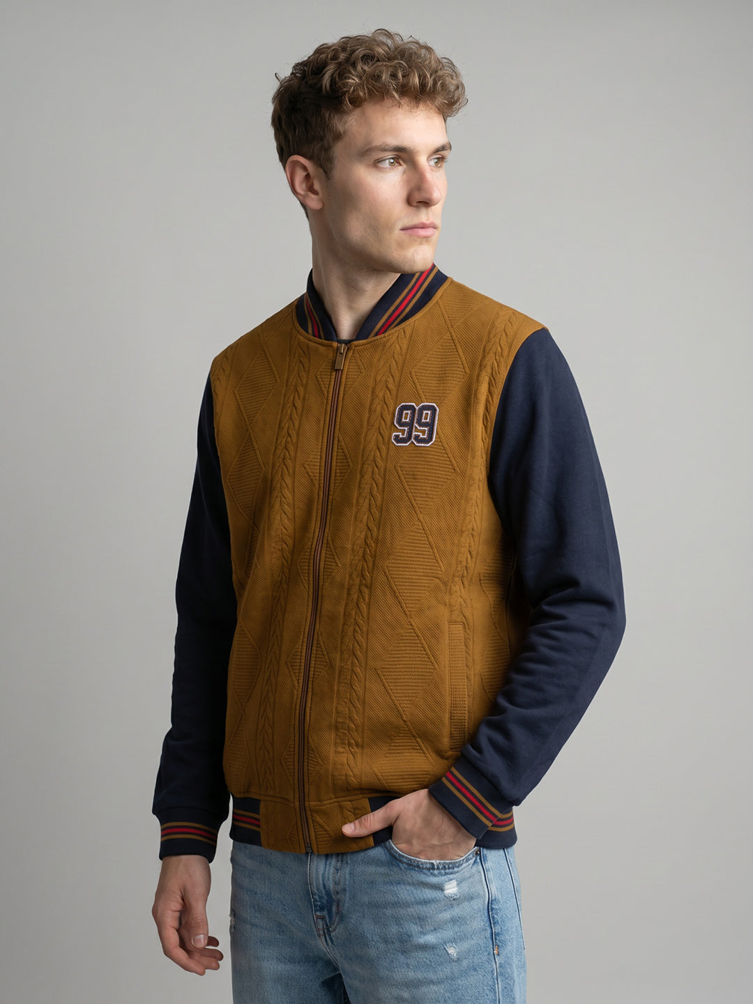 Men Tan Jacquard Mandarin Collar Full Sleeve Varsity Sweatshirt