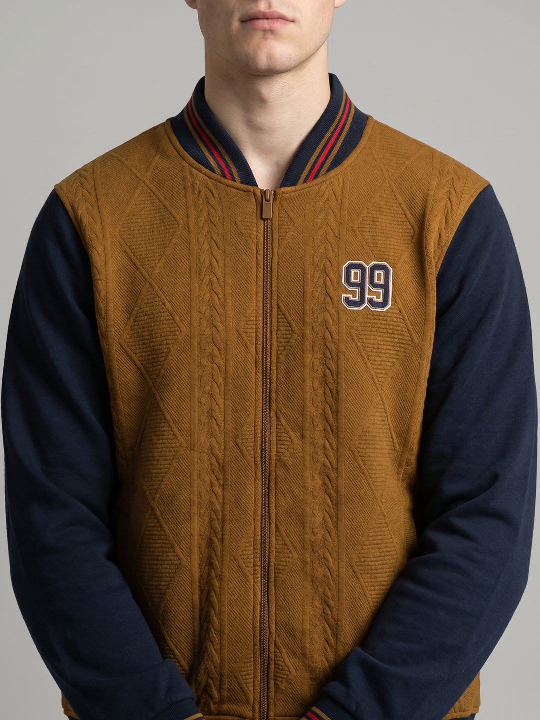 Men Tan Jacquard Mandarin Collar Full Sleeve Varsity Sweatshirt