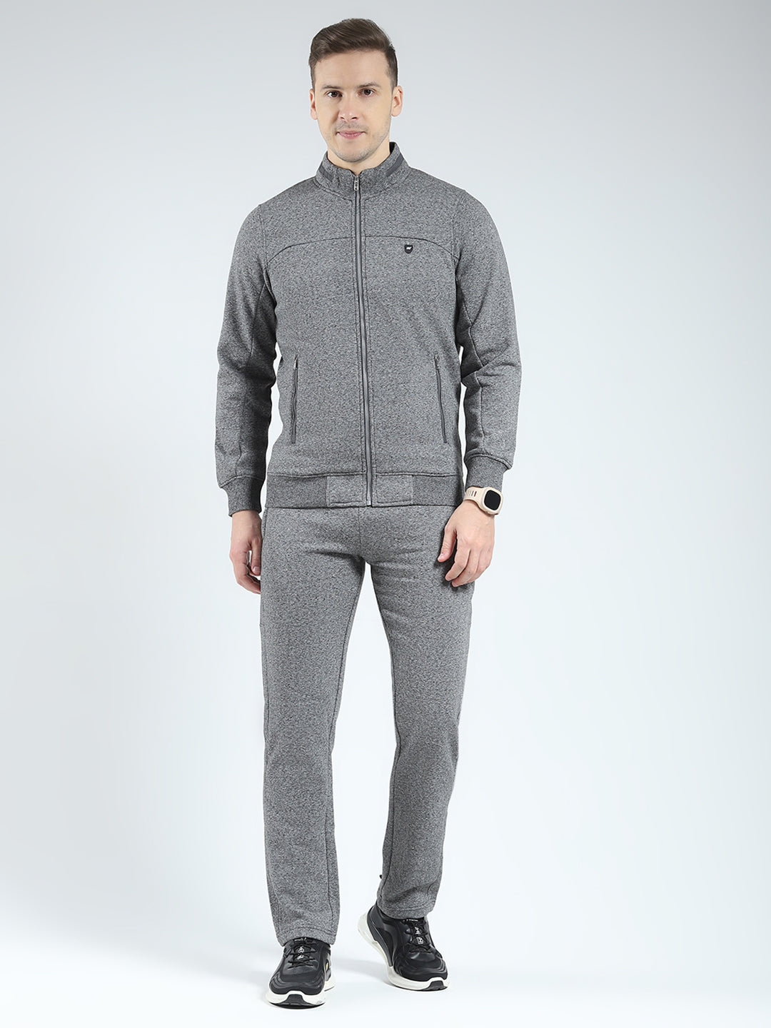 Men Charcoal Solid Mock Neck Full Sleeve Winter Tracksuit