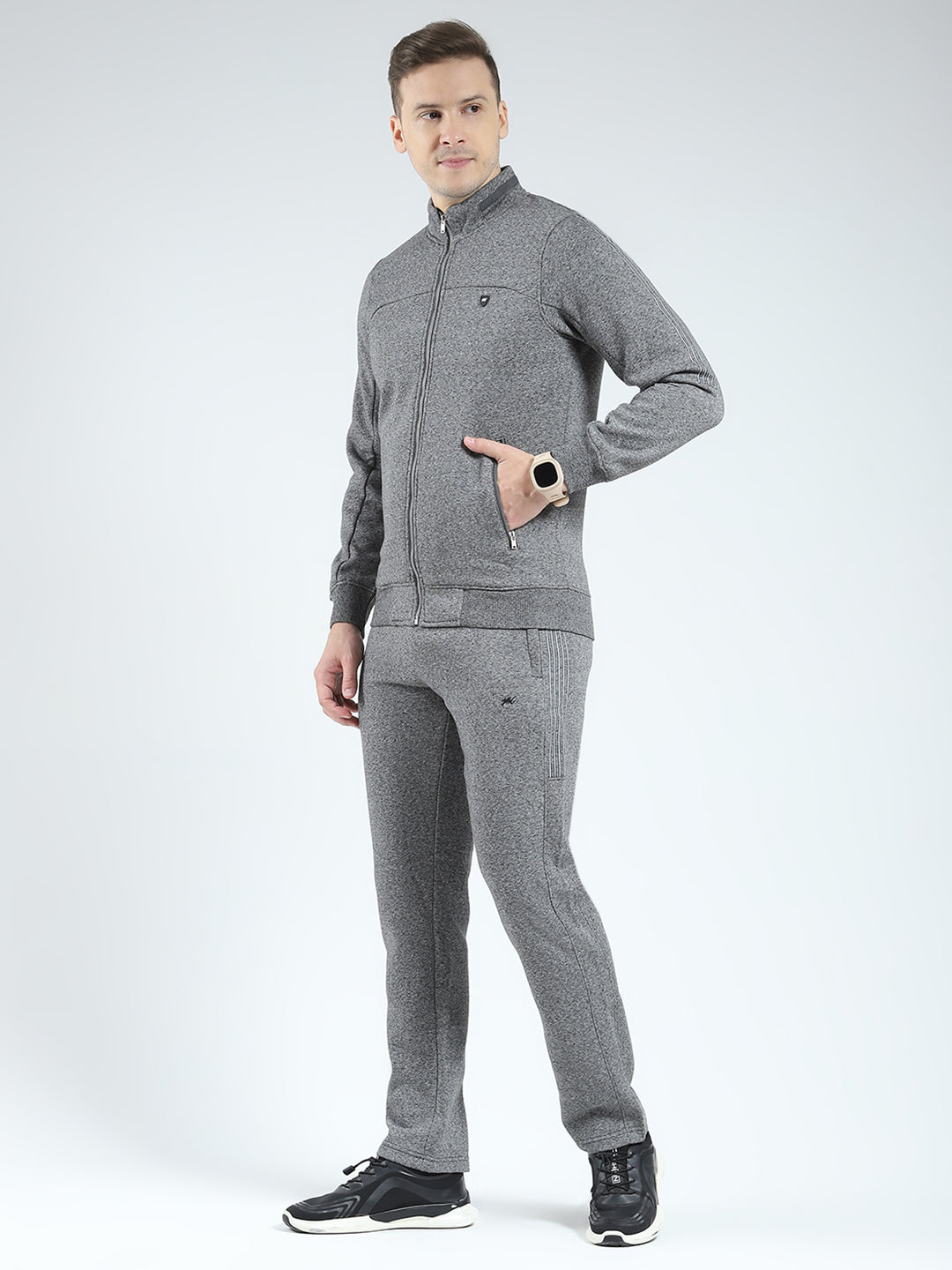 Men Charcoal Solid Mock Neck Full Sleeve Winter Tracksuit